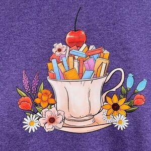 Book shirt tea cup gift small NeW purple short sleeve cotton